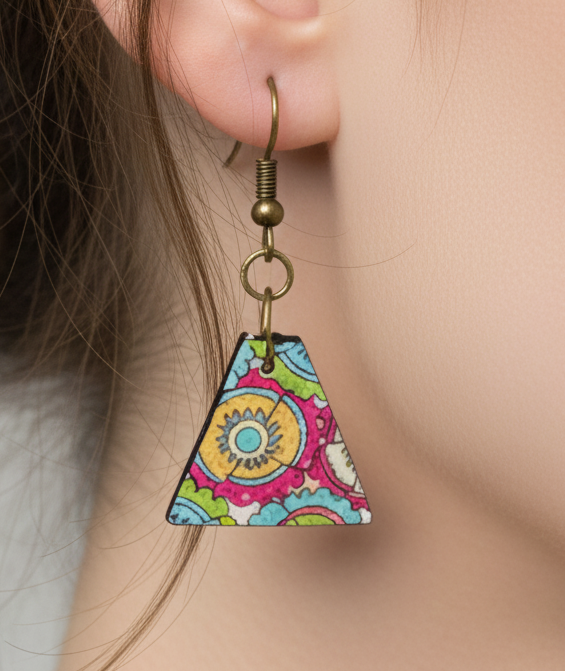Dangling triangular earring with a colorful mandala pattern and antique gold-tone hypoallergenic hooks. Light as a feather!