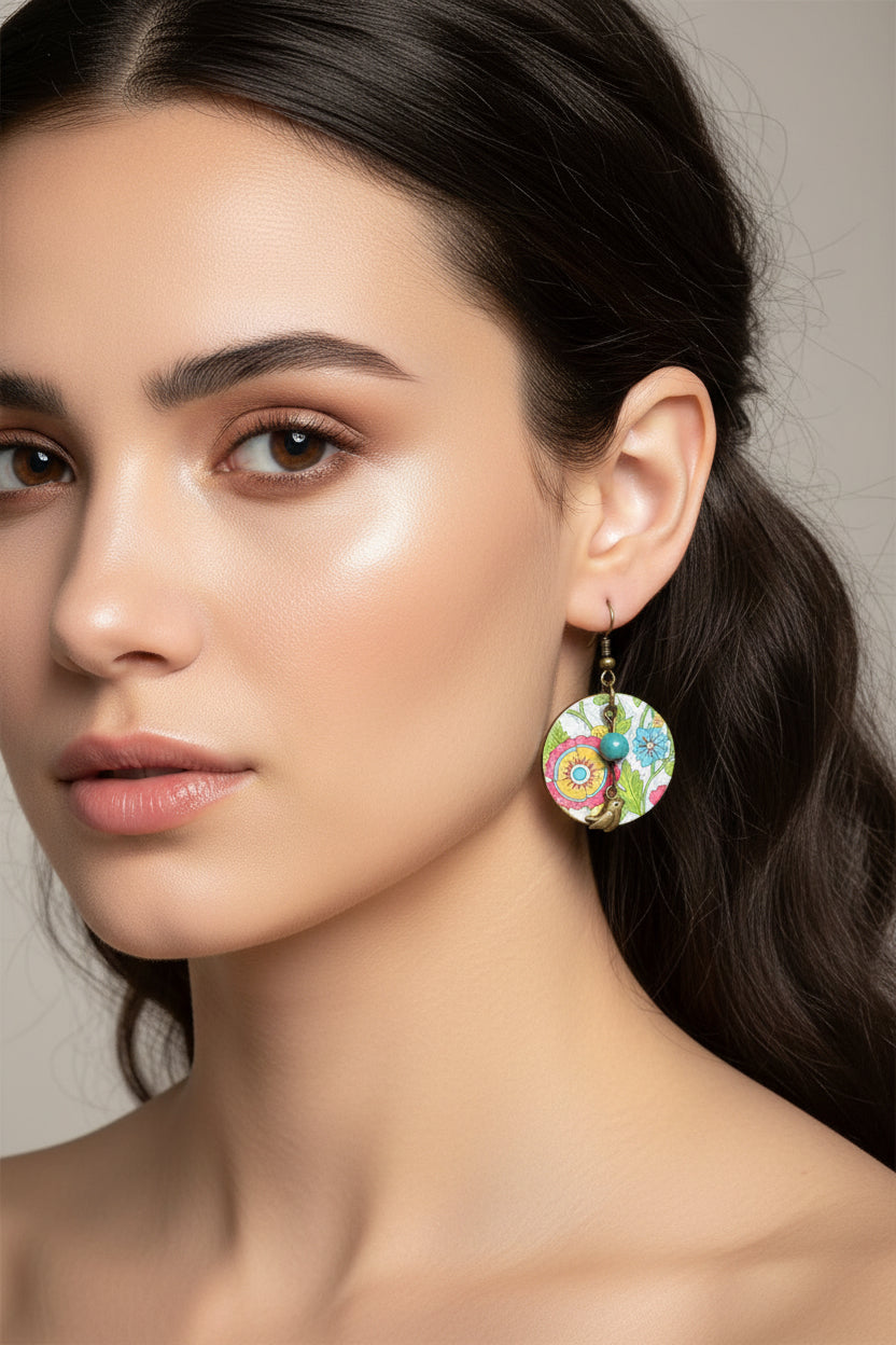 Whimsical handmade multi color drop circle earrings.  Bead and vintage brass bird  accent on Hypoallergenic wires.  Weightless, if it weren’t for the compliments you’d forget you’re wearing earrings!