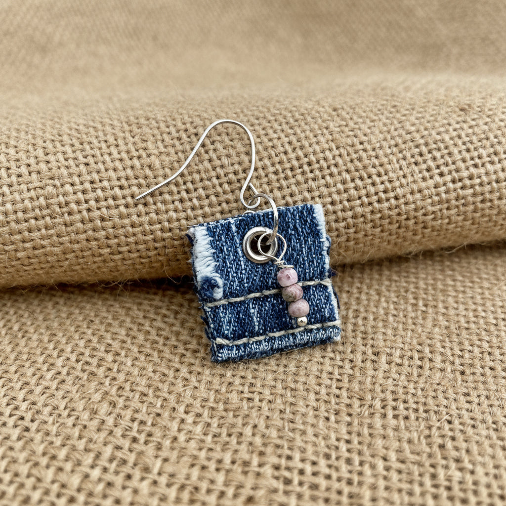 A single handmade dangle earring made from a small square piece of blue denim fabric, with a silver fishhook ear wire, a metal snap closure, and three small pinkish beads, shown next to a black ruler for scale.