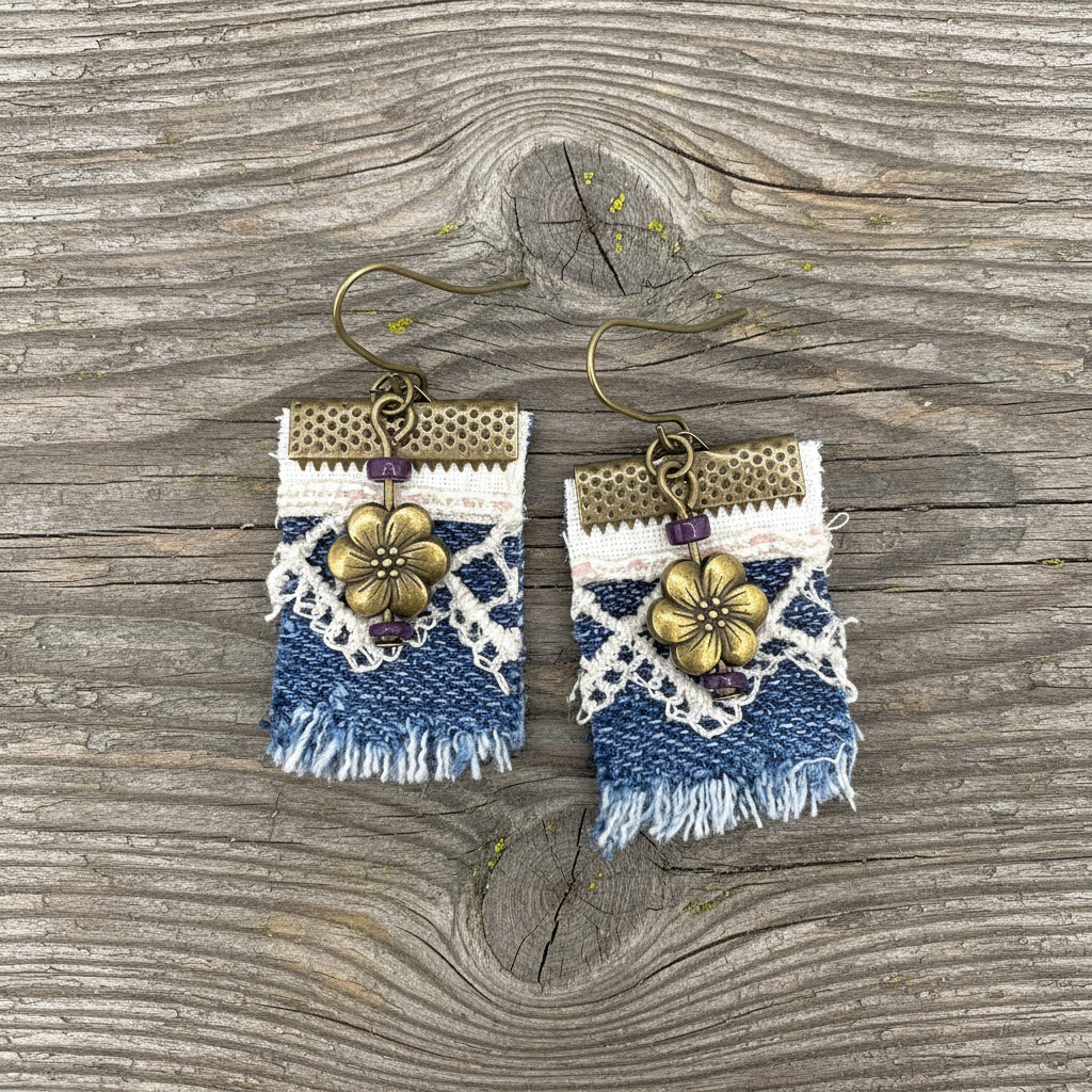 A pair of handmade dangle earrings featuring blue denim fabric, vintage white lace, bronze metal hardware, and a central gold-tone flower charm with small purple beads.