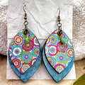 A pair of large teardrop-shaped dangle earrings with a colorful mandala pattern on the front and a textured blue backing, hanging on hypoallergenic vintage brass hooks