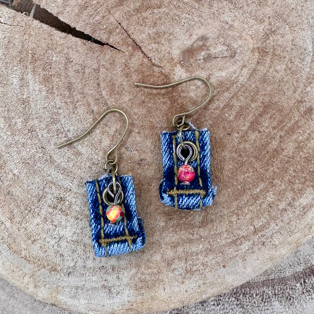 Handmade blue denim fabric earrings with vintage brass hypoallergenic metal hooks and small colorful bead charms. 75” long without hooks Casual, petite and fun to wear!