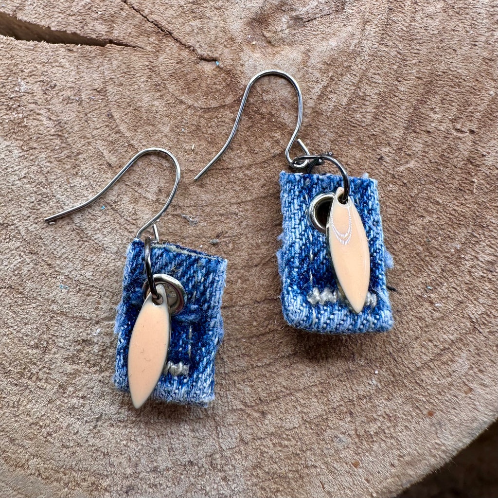 Handmade square denim earrings with silver fishhook wires and blush tone teardrop charm. Size without fishhook wires .75” Hypoallergenic, lightweight and fun to wear!