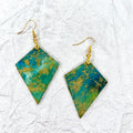 Hand painted marbled teal, green, and gold textured  earrings with gold-tone fishhook wires and diamond-shaped pendants. Hypoallergenic and light as a feather.  No two are the same!